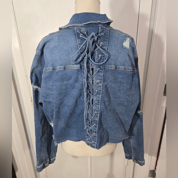 Ashley Stewart Cropped Distressed Denim Jacket Lace Up Detail In Back Sz 18/20 - Picture 2 of 11